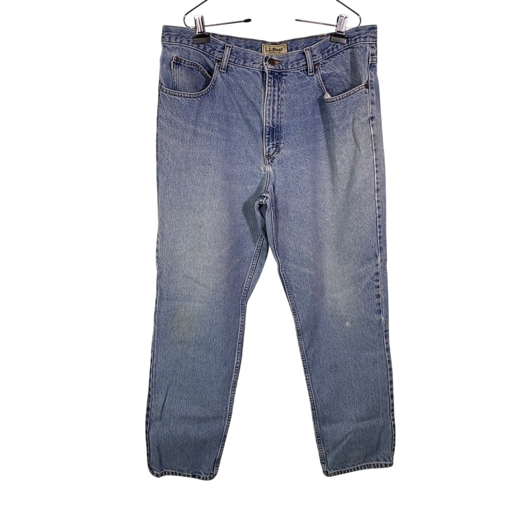 L.L. Bean Classic Fit Jeans Mens 38x32 Blue HOLES Distressed Straight Leg Comfy